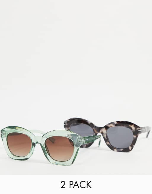 SVNX 2 pack round sunglasses in black tort with green lens