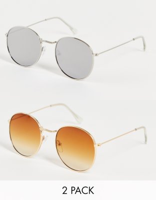 SVNX SVNX 2 pack rounded sunglasses in silver and brown-Multi