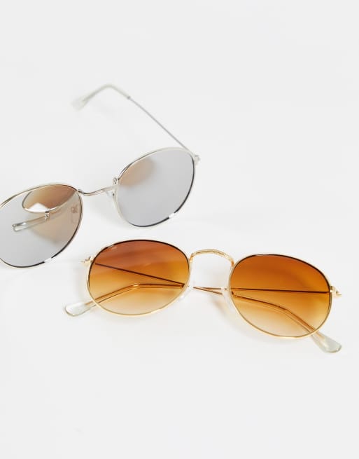 SVNX 2 pack rounded sunglasses in silver and brown, 3 of 4