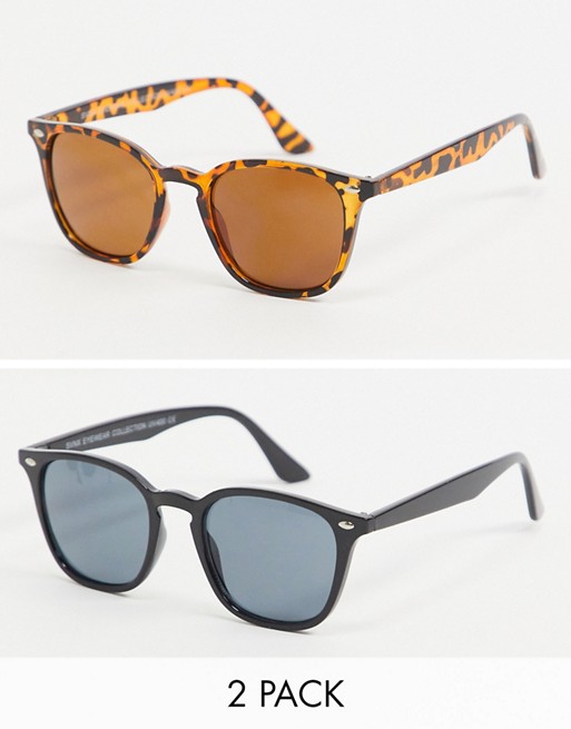 SVNX 2 pack sunglasses in black with brown tort detail