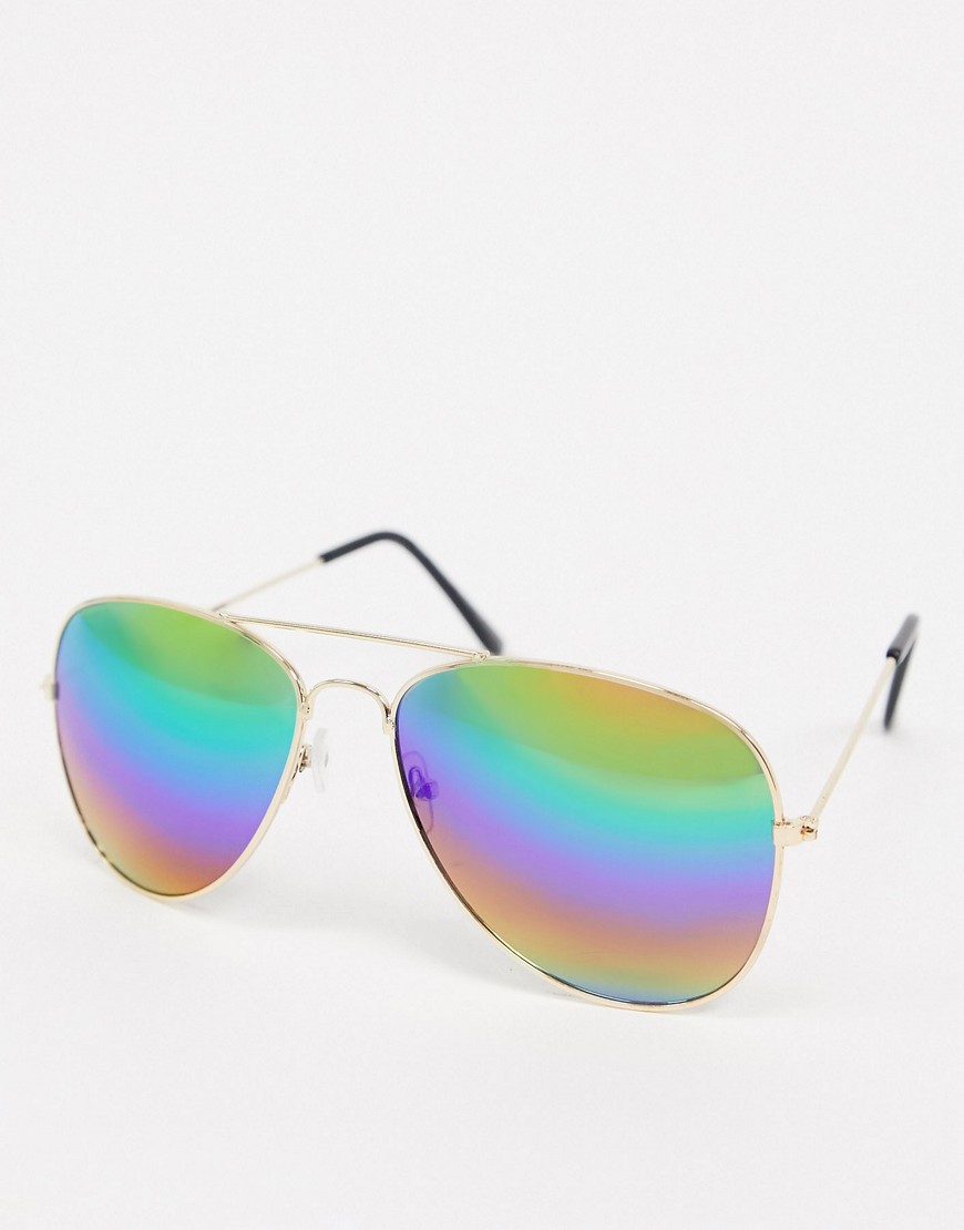 SVNX aviator sunglasses in gold with rainbow lens