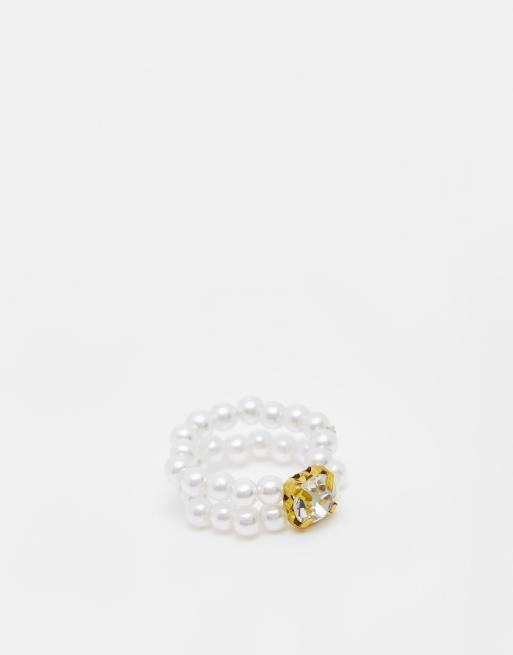 SVNX - Bague ornée de perles et d'une pierre - Crème