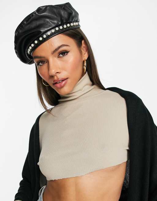 SVNX - Béret en cuir PU orné de perles - Noir