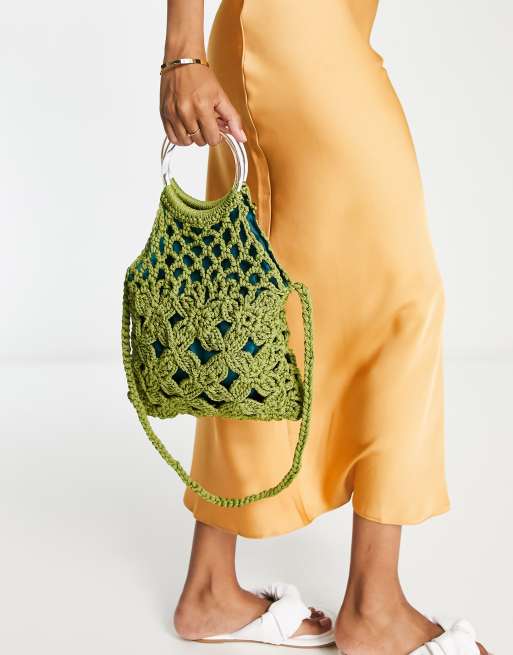 SVNX Borsa a tracolla in cotone intrecciato verde con manici in