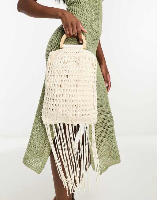 SVNX - Borsa in macramé color crema con nappe e conchiglie
