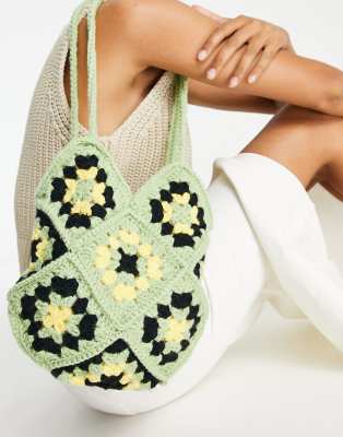 SVNX braided cotton printed tote bag in green