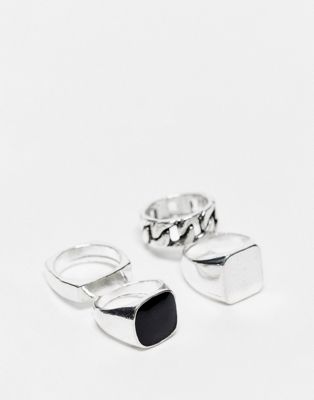 SVNX chunky 4 pack rings in silver with black and ingraved details