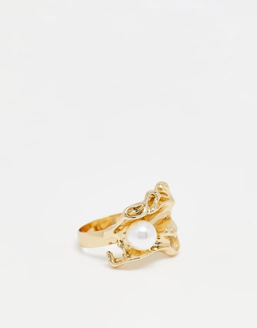 SVNX chunky detail gold ring with pearl detail