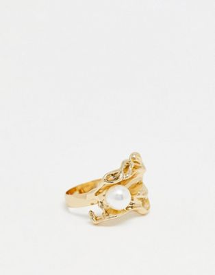 SVNX chunky details gold ring with pearl detail