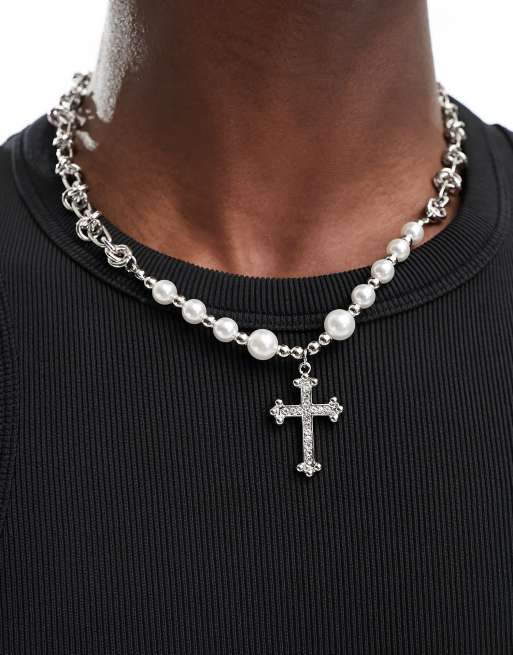 SVNX - Collier chaîne avec perles et pendant croix - Argenté