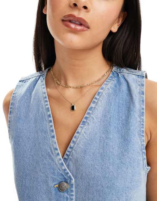 SVNX - Collier multi-rangs avec pendentif pierre noire - Doré