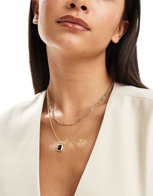 SVNX - Collier multi-rangs avec pendentif pierre noire - Doré