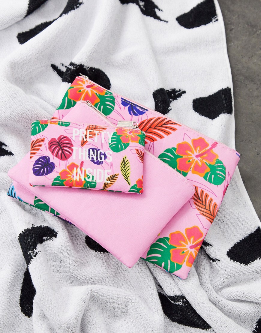 SVNX - Confezione da 3 borse rosa con stampa tropicale  e slogan