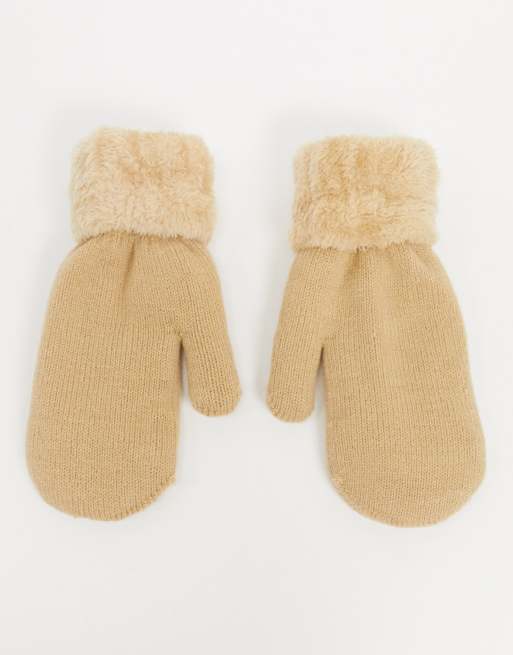 SVNX – Fäustlinge mit Teddyfell in Beige