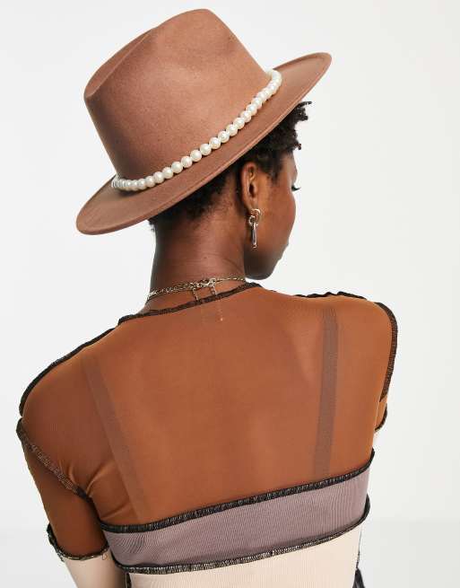 SVNX felt pearl trim fedora hat in brown