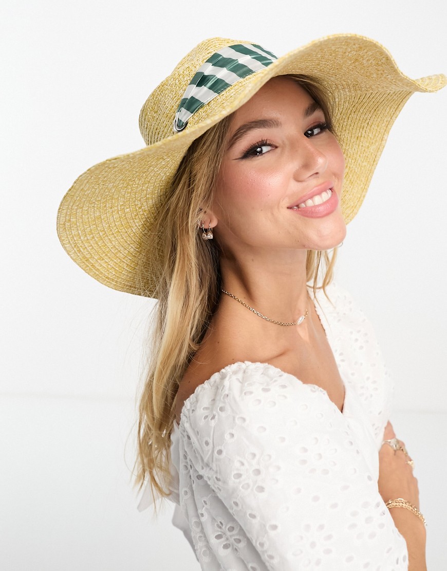 flat top straw sun hat with striped trim-Neutral