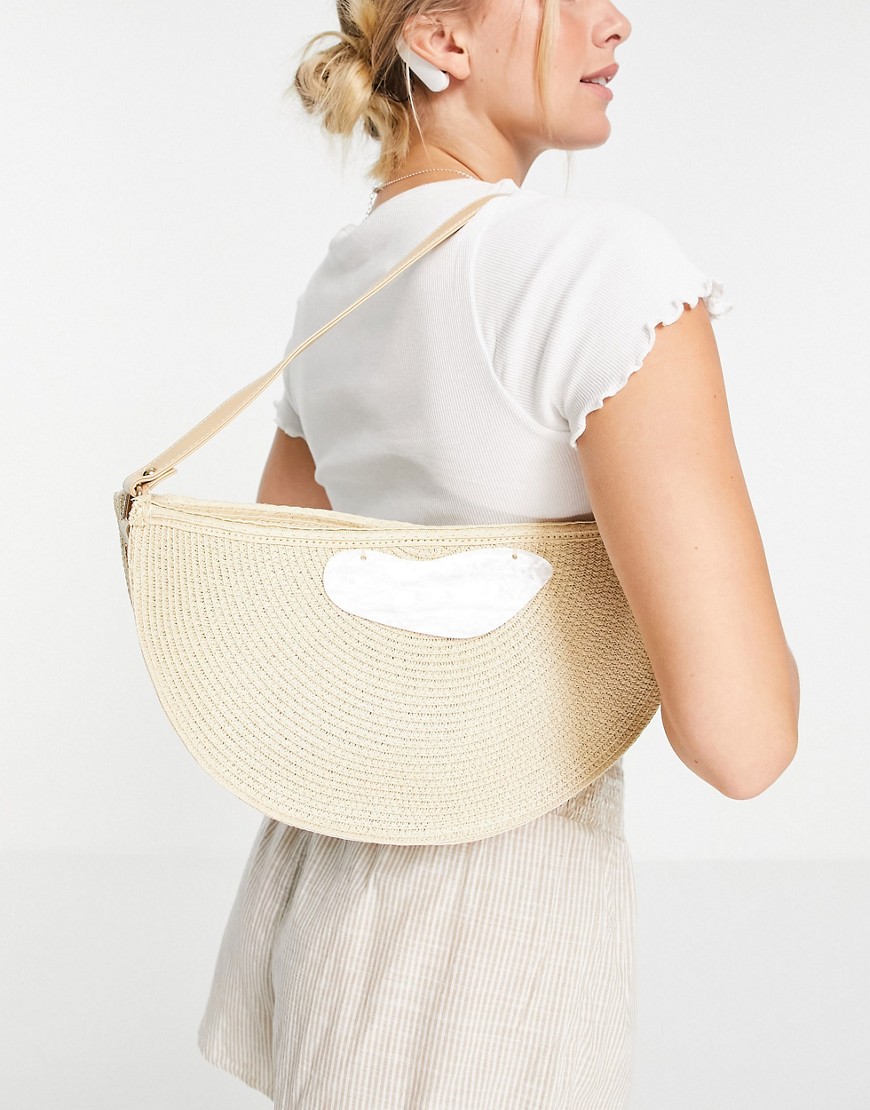 Half moon straw shoulder bag with faux shell clasp