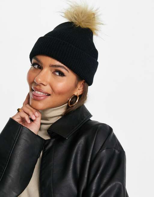 SVNX knitted bobble beanie in black with natural brown faux pom-pom , 3 of 4