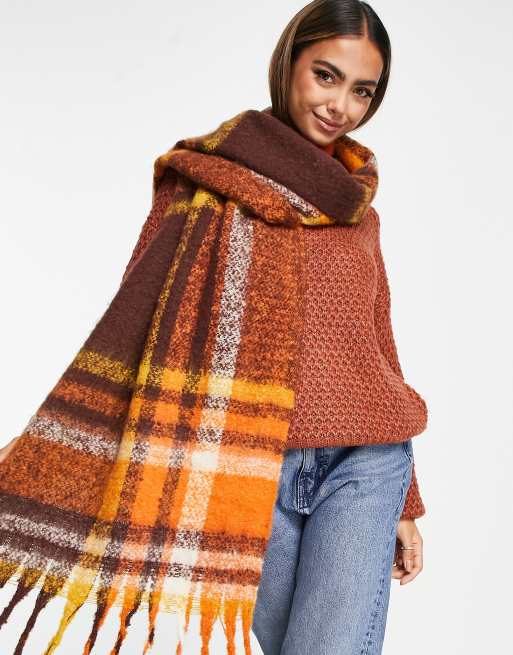 SVNX large check scarf in tan ASOS