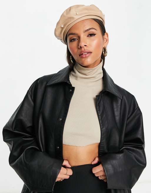 SVNX - Leren baret van PU met parels in beige