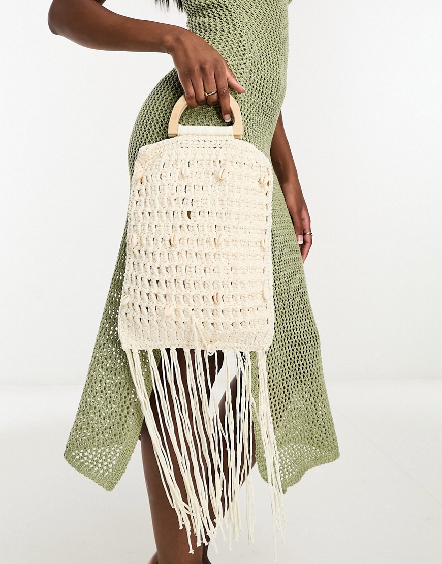 SVNX macrame bag with tassles and shell detail in cream-White