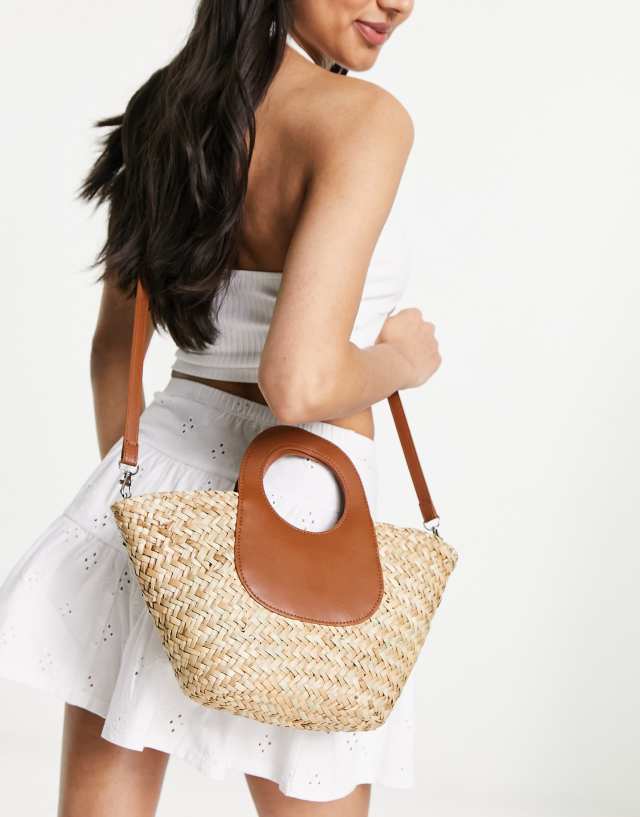 SVNX mini cross body bag in straw and dark brown