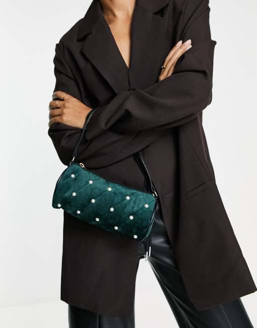 SVNX quilted velvet bag with pearl detail in dark green