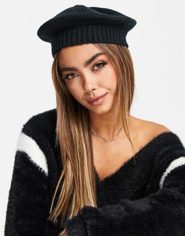 SVNX ribbed knit beret in black