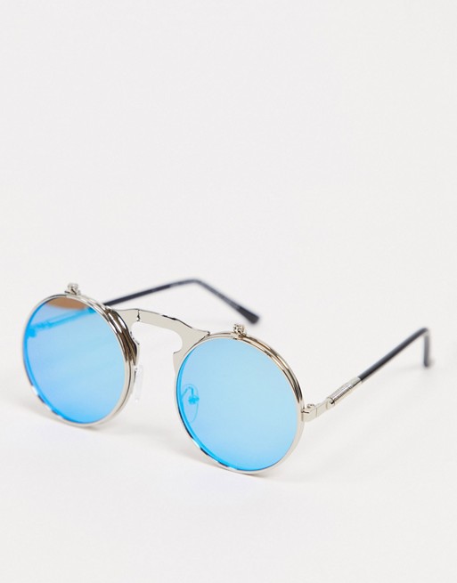 SVNX round sunglasses in silver with blue lens
