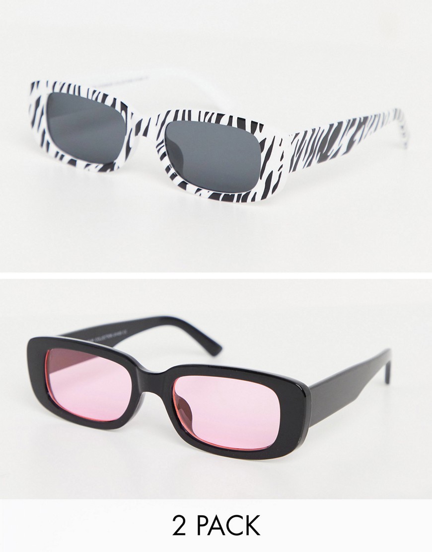 SVNX - Set van 2 rechthoekige zonnebrillen in zwart met roze glazen en zebraprint-Meerkleurig