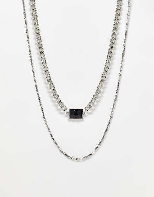 SVNX silver chain layered necklace with black gem stones