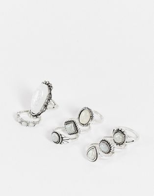 SVNX silver rings with moon stone detail multi pack