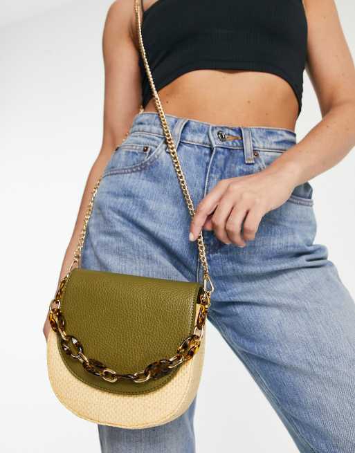SVNX straw shoulder bag with chunky chain in green ASOS