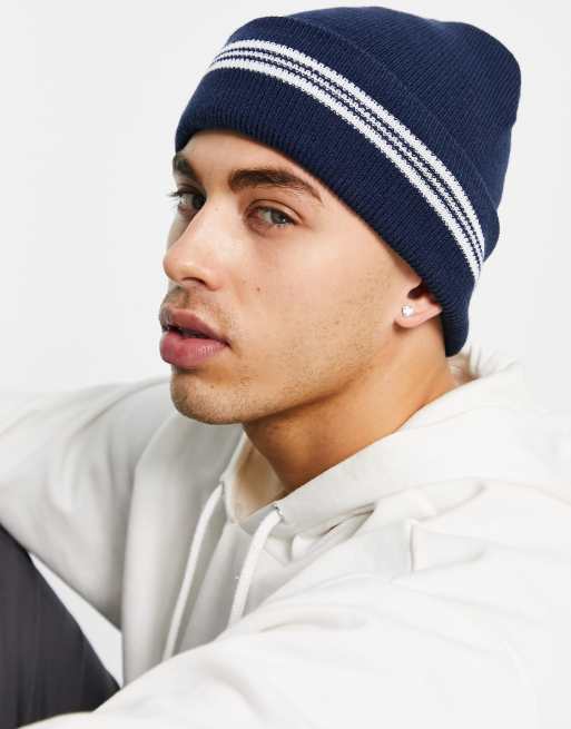 Svnx Stripe Beanie Hat In Navy Asos 7225