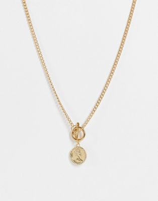SVNX T bar necklace with coin charm in gold