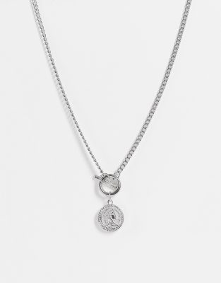 SVNX T bar necklace with coin charm in silver tone