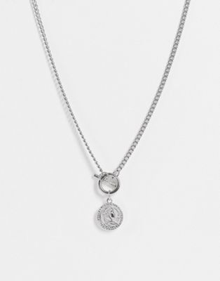 SVNX T bar necklace with coin charm in silver