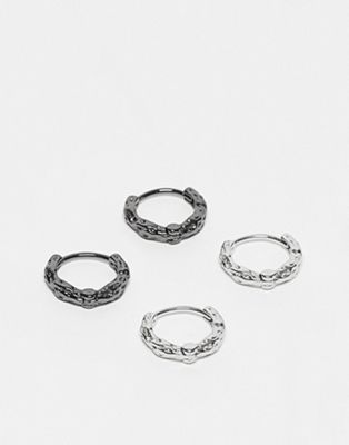 SVNX textured silver and black 4 pack earrings