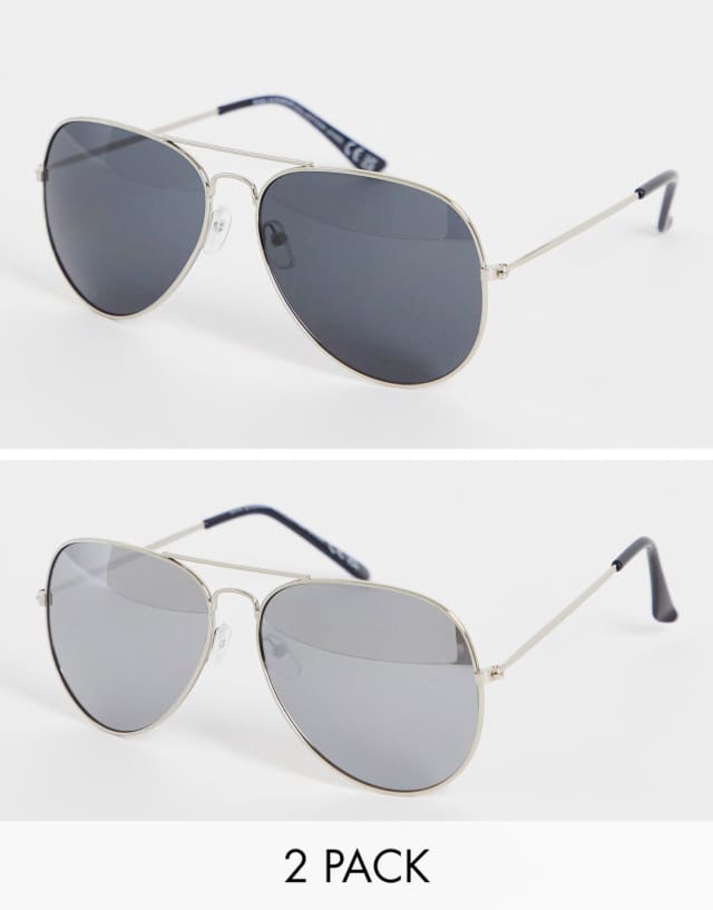 SVNX two pack aviator sunglasses in silver and black