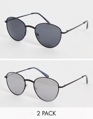 SVNX two pack round sunglasses in silver and blue