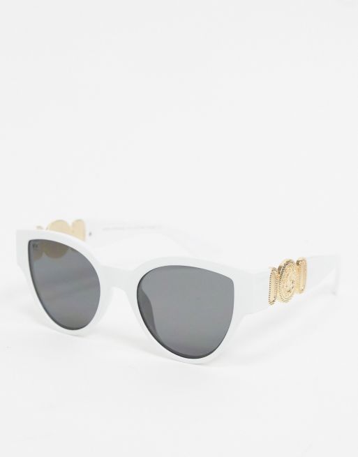 SVNX – Weiße, runde Sonnenbrille mit goldfarbener Verzierung