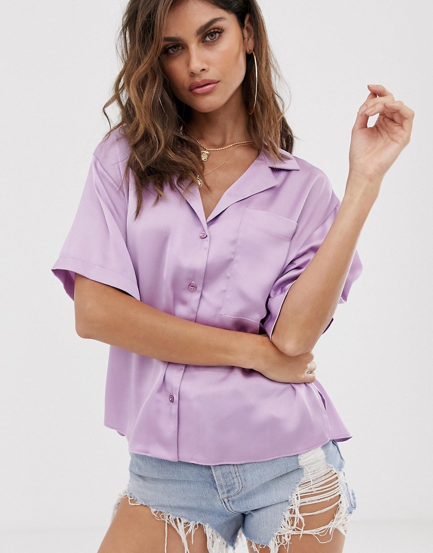 фото Свободная атласная рубашка с короткими рукавами asos design-фиолетовый