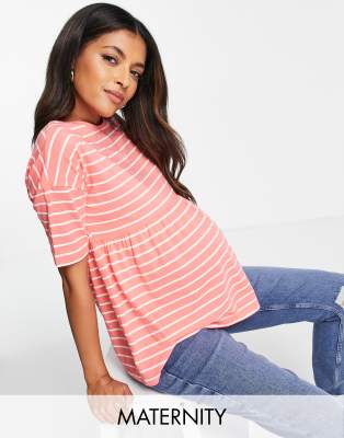 Топы для беременных  Asos Свободная футболка из органического хлопка в полоску розового и белого цвета Mamalicious Maternity-Разноцветный