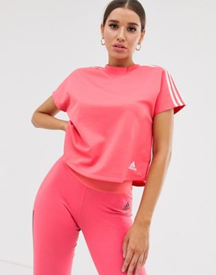 фото Свободная розовая футболка с тремя полосками adidas training-розовый adidas performance