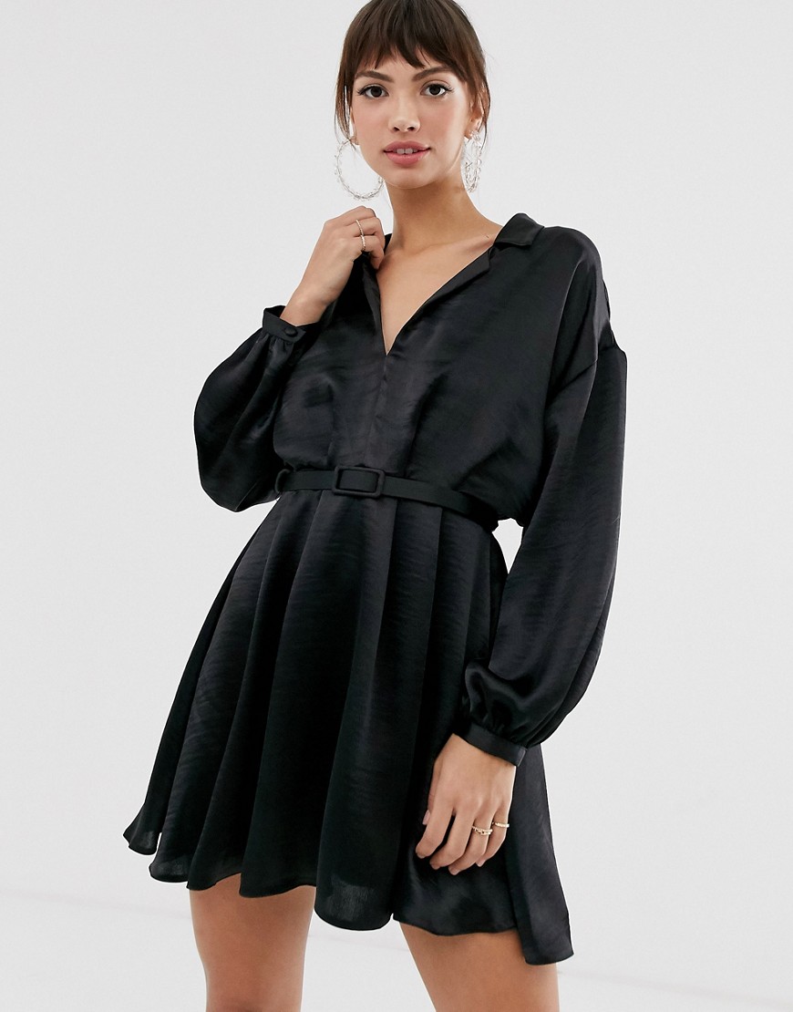 фото Свободное атласное платье-рубашка мини с поясом asos design-черный