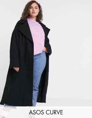 фото Свободное черное пальто с поясом asos design curve-черный asos curve