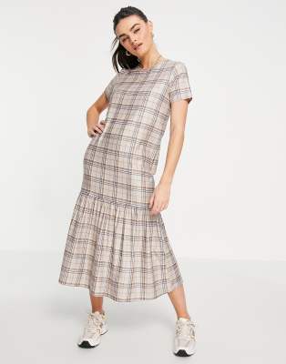 Свободное ярусное платье миди бежевого цвета в клетку Urban Threads-Светло-бежевый