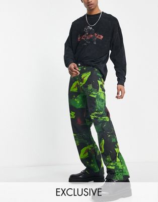 фото Свободные брюки в стиле 90-х с заниженной талией и абстрактным принтом collusion-разноцветный