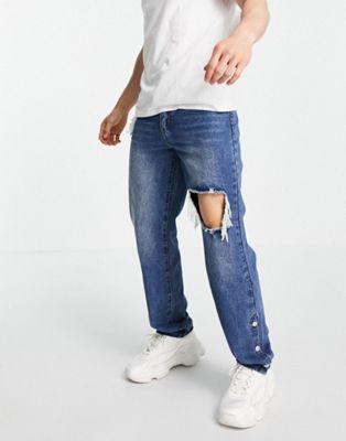 фото Свободные джинсы винтажного синего цвета со рваной отделкой и кнопками по краю mennace-голубой
