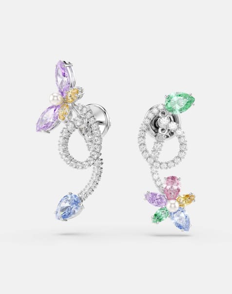Swarovski Ariana grande x swarovski drop earrings with ear jacket, mixed cuts, dragonfly, flower, multicolored, rhodium plated in multi-colored, rhodium plating - view 1